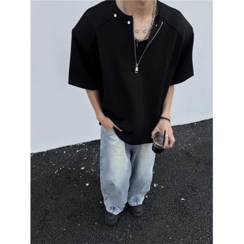 高级感半拉链垫肩t恤男cleanfit重磅短袖高街铆钉半袖LDT2800-P34,男装T恤,星座1008