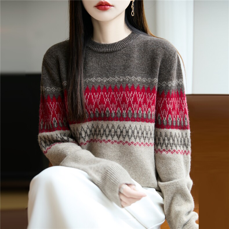 圆领加厚100%纯羊毛衫针织长袖毛衣女复古拼色上衣宽松打底羊绒衫,针织衫/毛衣,忠诺羊绒