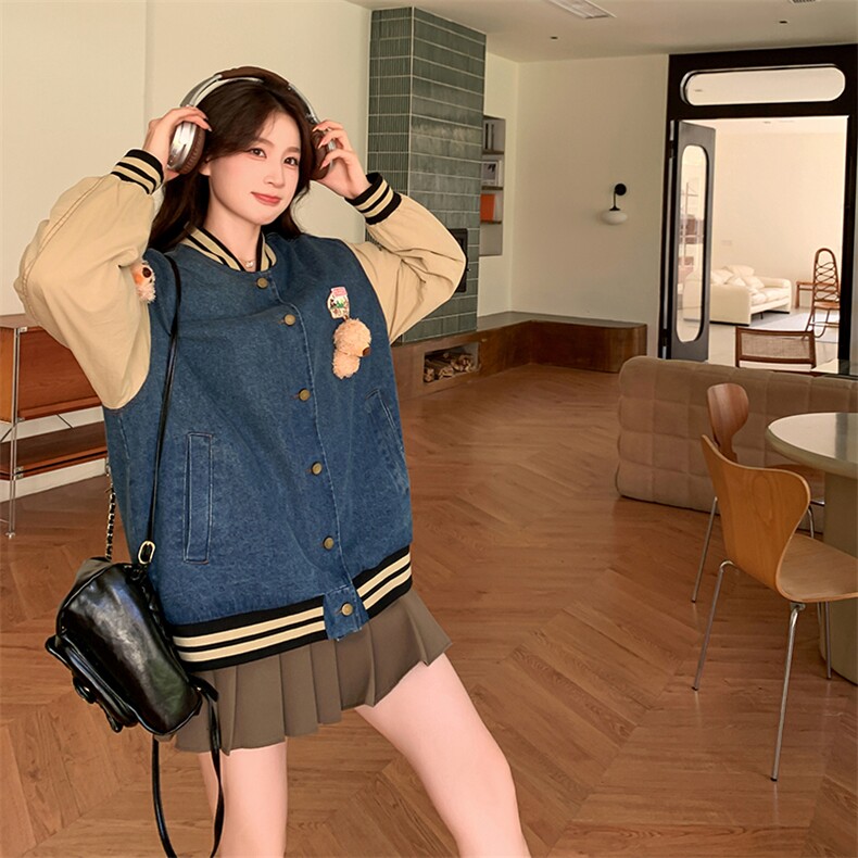 新款拼接牛仔外套女小熊棒球服夹克短款显瘦,女装牛仔外套,天使之佳话