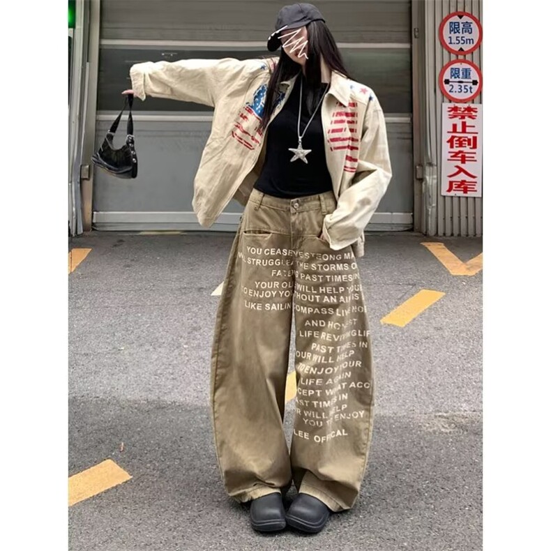 美式复古字母印花牛仔裤男高街潮牌痞帅宽松直筒休闲长裤NZA725图片
