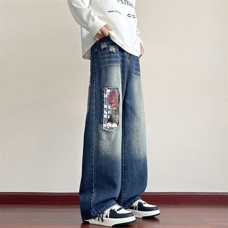 卡通拼布弯刀牛仔裤男女设计感高街宽松百搭阔腿裤潮NZ0359-P53，男装牛仔裤，星座308B-2