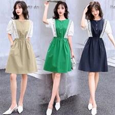 欧洲站2026夏季新款拼接撞色收腰荷叶边甜美泡泡袖衬衫直筒连衣裙，女装连衣裙，兰菲阁