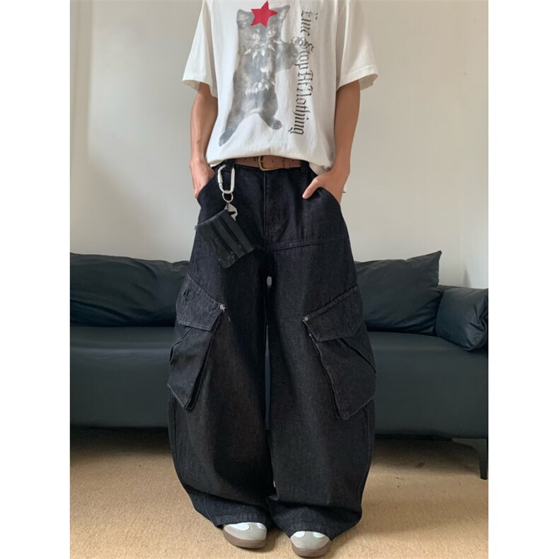 美式复古高街纯色多口袋工装裤直筒休闲裤显高裤长裤男,男装牛仔裤,四季星座505