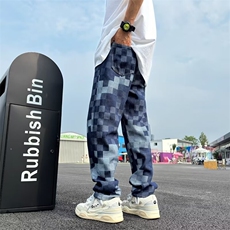 格子拼色牛仔裤男韩版潮流高街帅百搭2024秋季ins长裤RK2091-P49，男装牛仔裤，星座412-3
