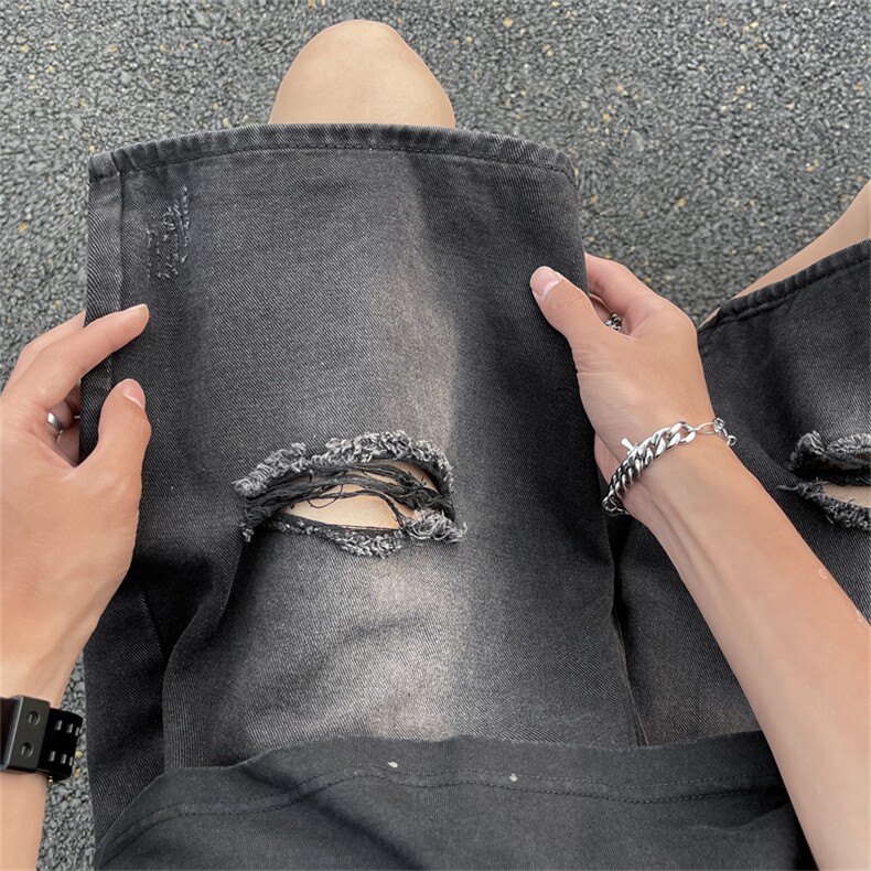 牛仔短裤男士夏季薄款高街宽松直筒破洞五分裤子裤衩潮流中裤,男装牛仔裤,星座410-7