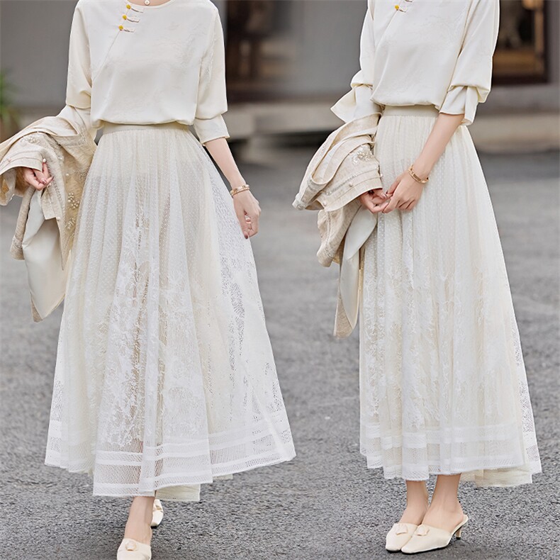 杨小卷法式气质钩花蕾丝A字中长款白色半身裙女夏大裙摆松紧腰，女装半身裙，芷墨服饰