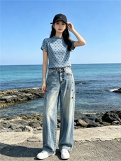 时尚休闲减龄套装女夏季新款波点短袖上衣高腰阔腿牛仔裤两件套潮，女装套装/套裙，江南