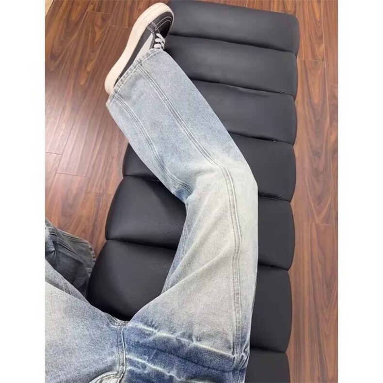 浅蓝色闪电水洗破洞牛仔裤男款美式高街vibe裤子cleanfit直筒长裤,男装牛仔裤,星座302B