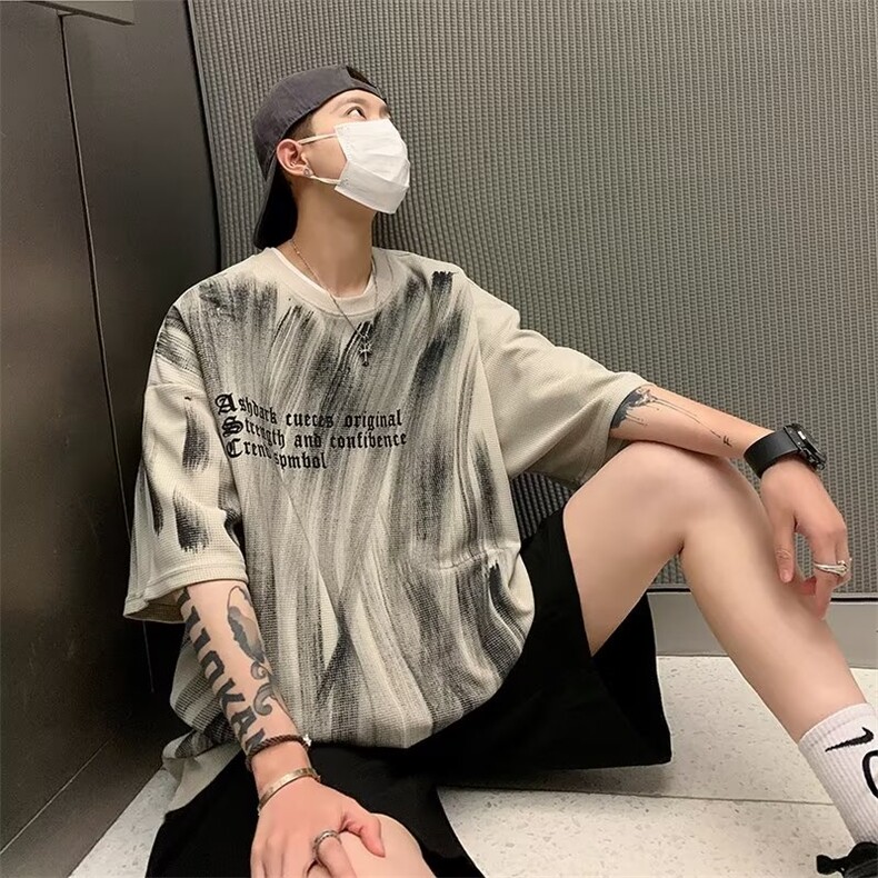 美式涂鸦字母短袖男设计感小众夏季ins潮宽松情侣t恤T9888-p28,男装T恤,星座1008-1