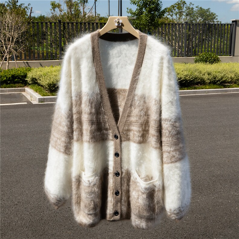 剪影~慵懒拉绒100%纯山羊绒开衫宽松加厚2025秋冬女针织毛衣外套，女装羊绒衫，诚赞羊绒