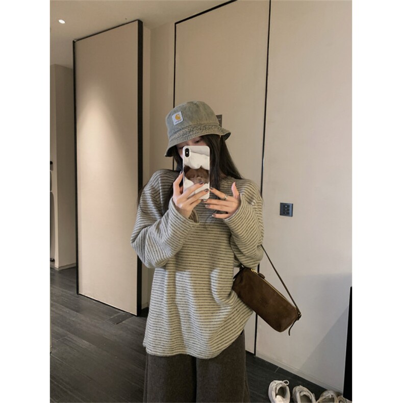 现货慵懒风条纹长袖t恤男女秋冬季休闲上衣Z160-P35特批，男装T恤，电商C233B