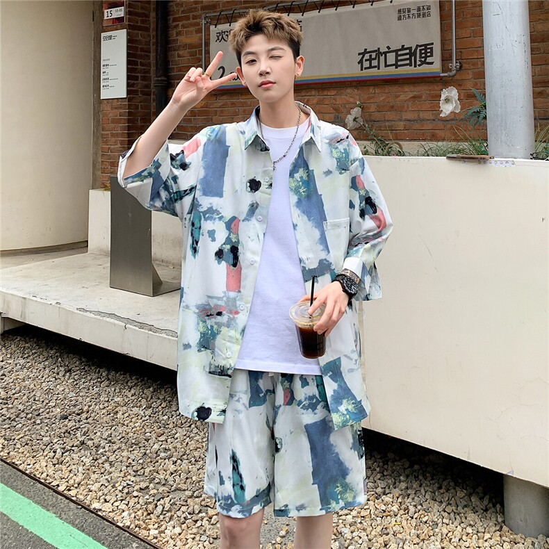 2025夏水墨画冰丝凉感短袖五分袖衬衫薄套装TZ5678/特P50浅蓝2,男装休闲套装,电商A094