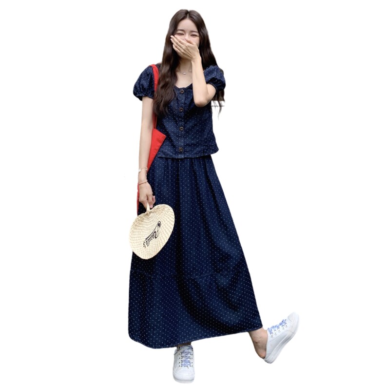 韩系甜美波点牛仔两件套装女2025夏季新款小个子泡泡袖上衣半身裙,女装套装/套裙,2C176