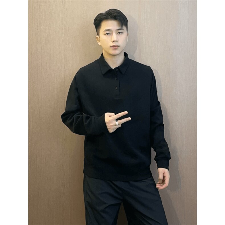 抖音得物高品质二开230克精梳珠地光版纯色宽松长袖T恤翻领POLO衫,男装T恤,电商A486-1