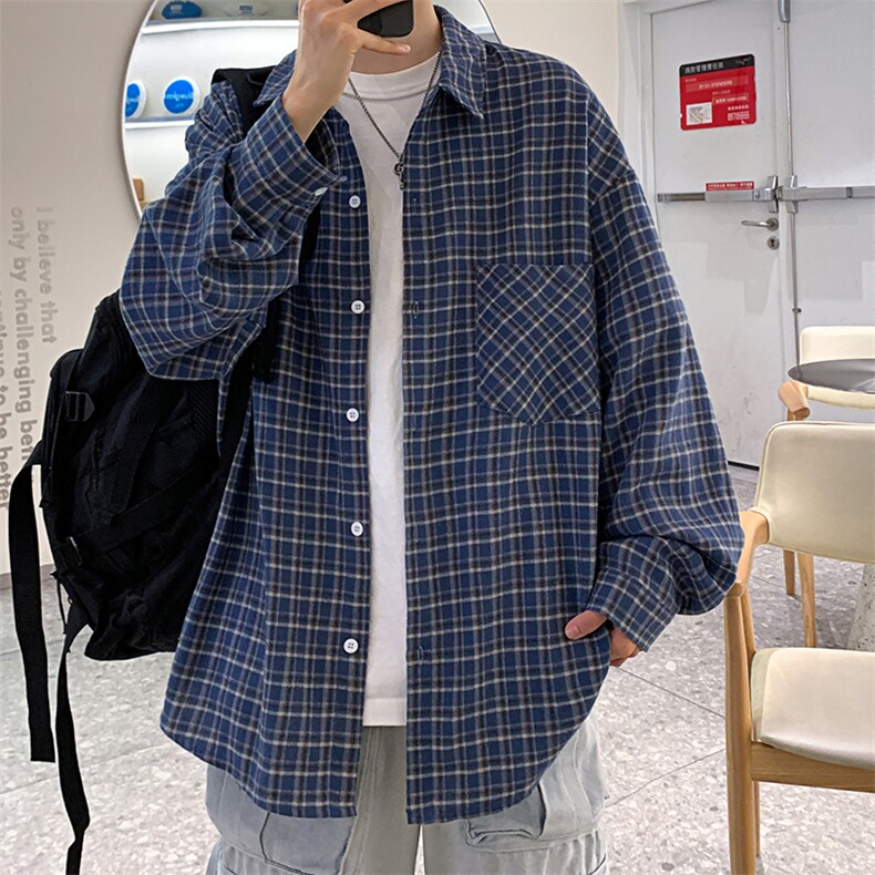 衬衫男秋季新款港风大码宽松磨毛格子长袖衬衣CS580-P38(现货）,男装衬衫,星座214-3