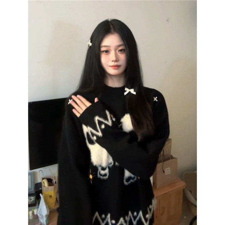 韩版潮流甜美趣味小羊提花黑色保暖毛衣女秋冬季新款宽松针织衫潮,男装针织衫/毛衣,星座506A