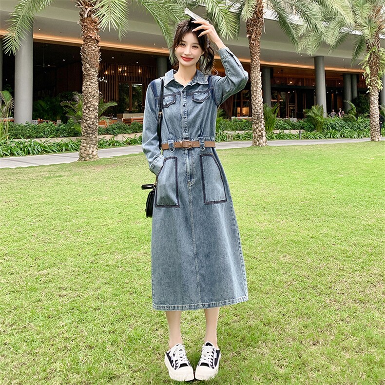 时尚复古牛仔连衣裙女2024春季新款时髦别致chic休闲风中长款裙子,女装连衣裙,点滴