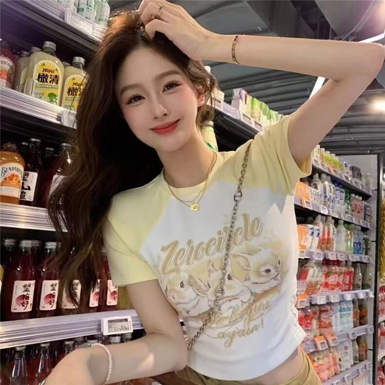 H0844-P35夏季新款甜辣妹印花百搭短袖T恤短款撞色正肩时尚上衣,女装T恤,星座617A-2