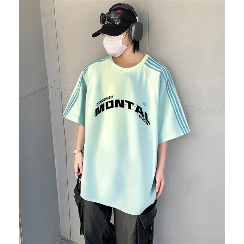 抖音得物品质二开240克宽松纯棉美式潮牌印花三条杠中性风短袖T恤,男装T恤,电商A486-1