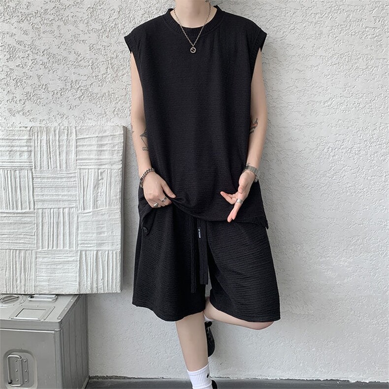 TZ790-特P50控88夏T恤下摆半拉链冰感冰丝速干大码无袖短裤套装,男装休闲套装,电商A059