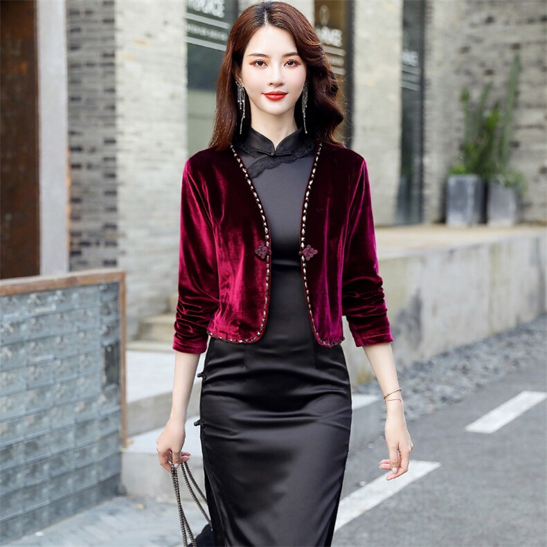 搭配旗袍裙子穿的金丝绒外套女秋冬季高端小披肩外搭开衫西装上衣，女装短外套，婵米儿