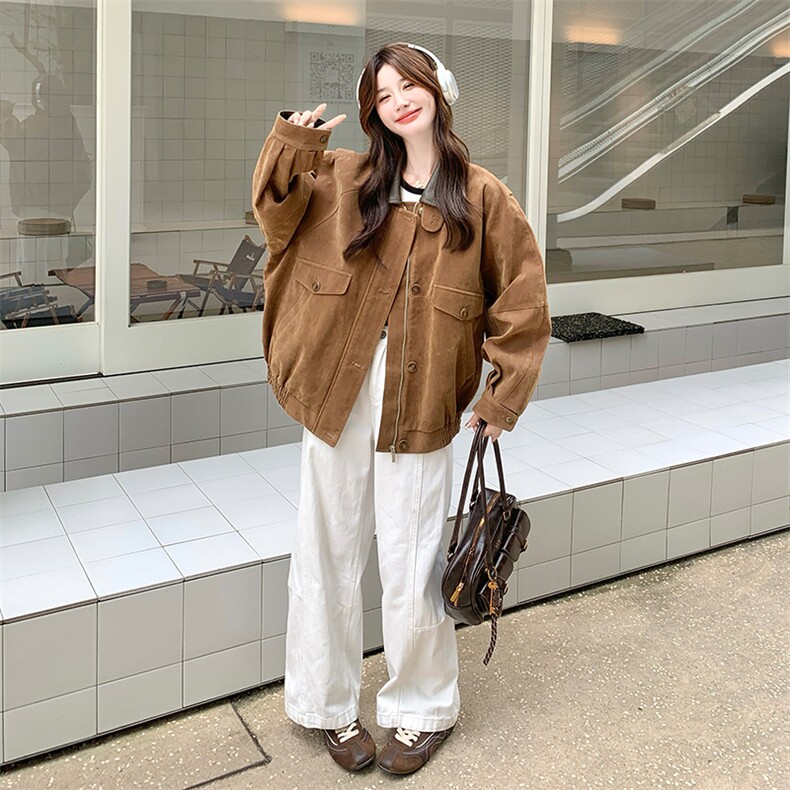 美拉德穿搭棕色工装外套女春秋2025新款超火好看高级小众夹克上衣,女装短外套,2C085