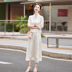 新中式轻国风套装裙春夏季新款时尚复古刺绣盘扣小香风两件套裙子，女装套装/套裙，凝聚力