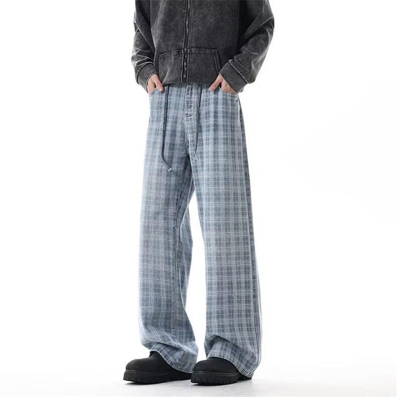 蓝色格子牛仔裤男痞帅阔腿工装裤vibe显瘦直筒微喇裤nz1055p48，男装牛仔裤，电商D315A