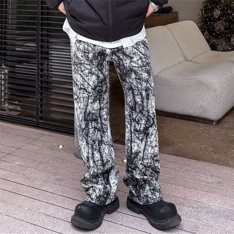 美式小众彩印泼墨油画调色阔腿牛仔裤休闲裤男涂鸦宽松弯刀直筒裤图片