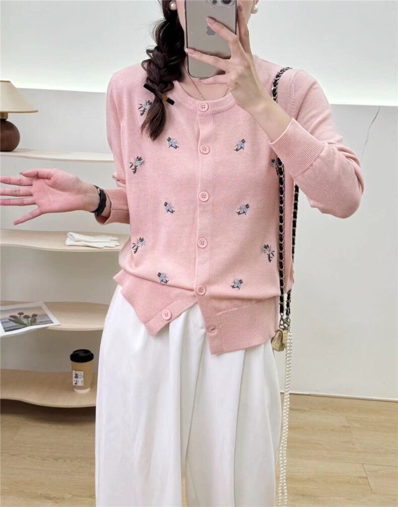 全身刺绣小花开衫长袖圆领2024年秋季针织上衣,女装羊毛衫,百纯羊绒