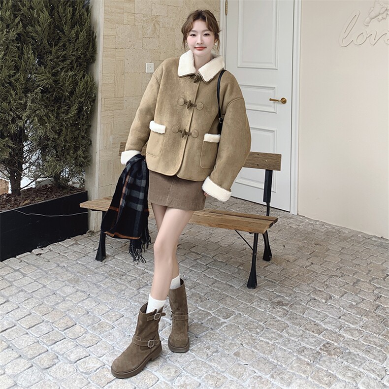 皮毛一体短外套女2024冬新款小个子小个子宽松韩系超好看加厚百搭,女装羊羔毛/颗粒绒,浙宝208