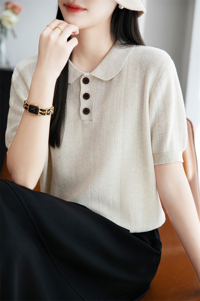 复古polo领短袖T恤女2025夏别致冰丝针织半开领打底上衣t恤衫薄,女装T恤,菲奥羊绒