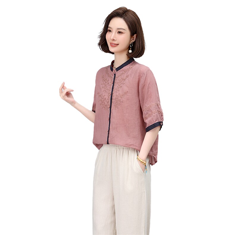 2025夏季新款时尚圆领拼色长袖衬衫女欧洲站高级感苎麻百搭上衣潮,女装衬衫,凝聚力