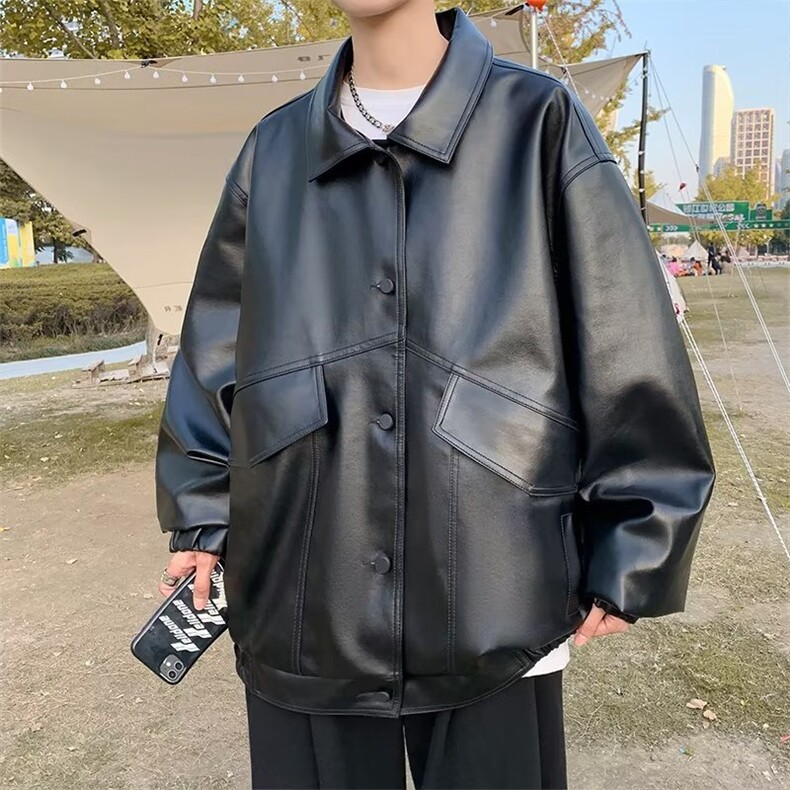 复古青年软皮衣男宽松韩版翻领机车服潮牌飞行员皮夹克LW27P70,男装夹克,星座1116-2