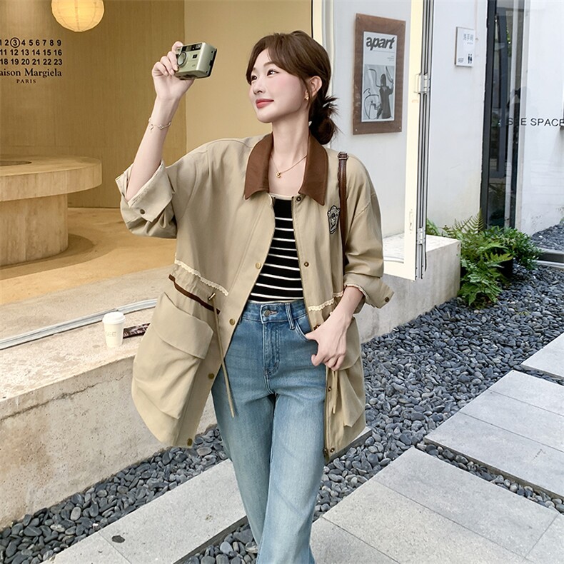 新款【现货】卡其色韩系撞色外套192-629P170K248,女装风衣,浙宝192（原082）