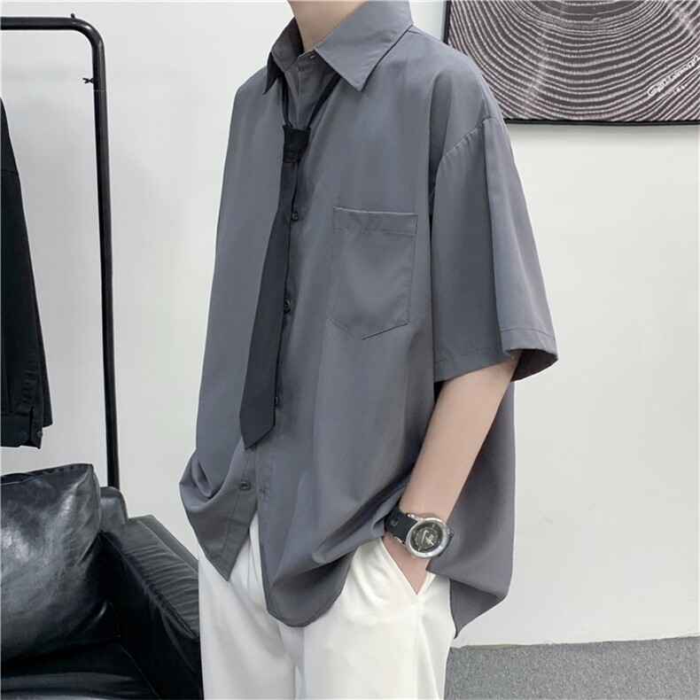 配领带 夏季薄款短袖衬衫男 港风宽松班服DK学院风衬衣C318-P30图片