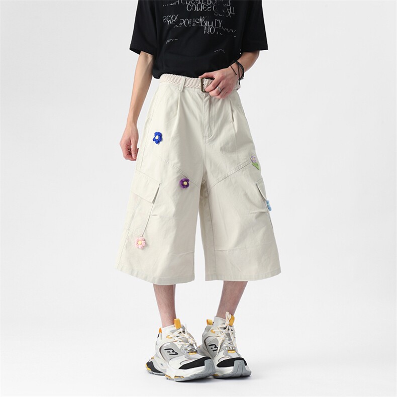 Q7637-夏季绣花工装褶位洗褪色100棉高质量休闲7分裤(P65X89)2,男装休闲裤,电商C315