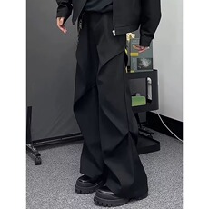 美式小众褶皱微喇加绒休闲裤男复古宽松直筒垂感百搭黑色西裤，男装西裤，星座506A