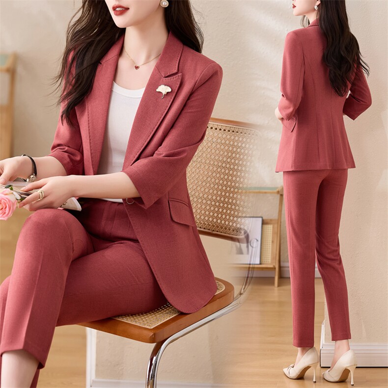 现货春秋季时尚简约大方气质优雅收腰显瘦休闲修身百搭潮流两件套，女装套装/套裙，然然