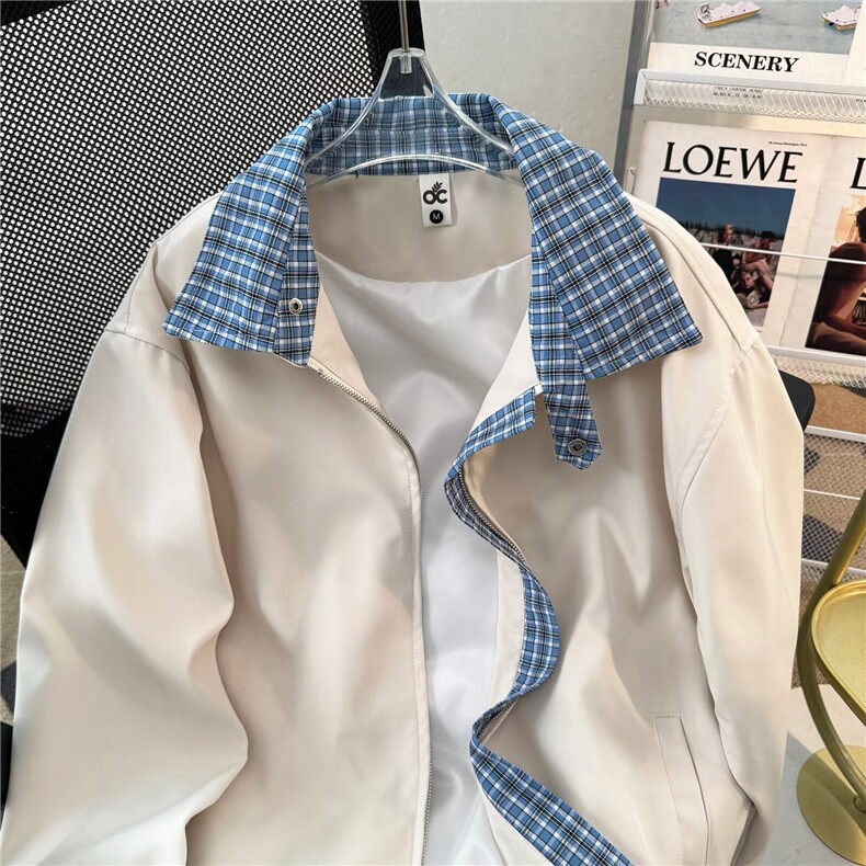 美式复古格子拼接假两件夹克男女cleanfit设计感情侣工装外套,男装夹克,星座601-1