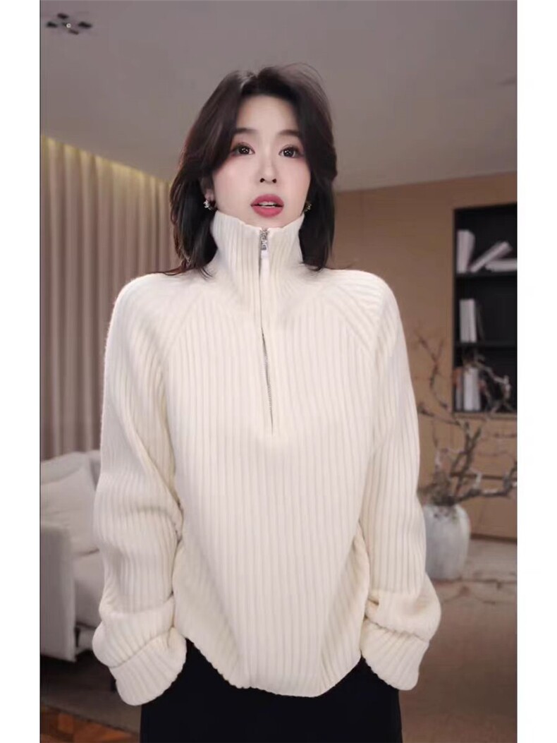 2025年秋季时尚百搭通勤简约休闲高琳半拉链毛衣，女装针织衫/毛衣，米咔羊绒