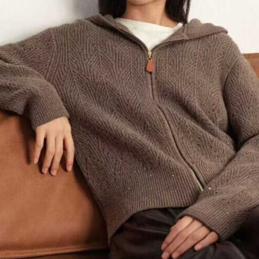 2025年秋季时尚百搭通勤简约休闲连帽开衫，女装羊绒衫，玖雪绒羊绒