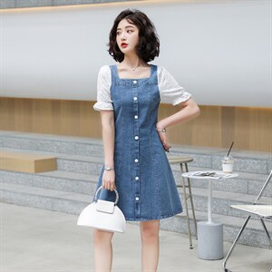 2022新款夏韩版拼接牛仔连衣裙短袖修身显瘦A字裙，女装连衣裙，瑶迪依秀