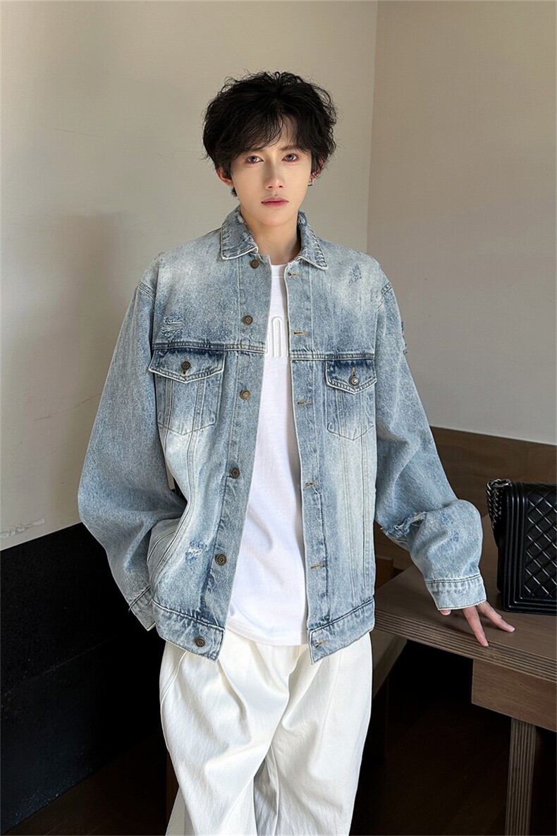 2025美式复古牛仔外套男春秋季痞帅感水洗破洞宽松夹克男潮流衣服,男装夹克,星座505-2（原电商A260-1)