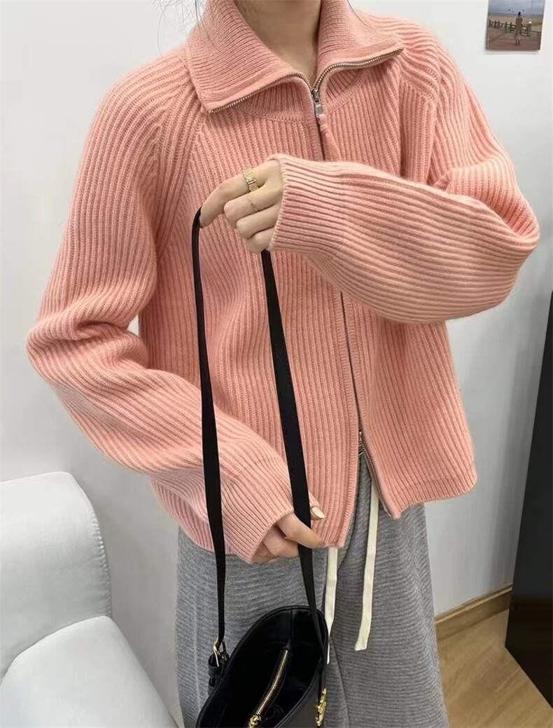 秋冬季新款宽松舒适简约女长领带绳拉链针织开衫图片