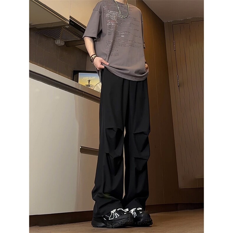 酒红色美式hiphop裤子男款夏季冰丝褶皱垂坠感直筒降落伞兵工装裤,男装休闲裤,星座218-1（原230）