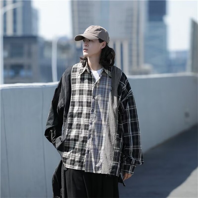 潮拼接格子衬衫男长袖春秋潮牌日系复古情侣衬衣外套LS767P50,男装衬衫,星座1013-5