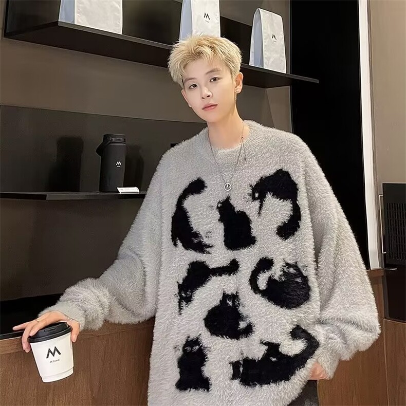 美式复古猫咪圆领毛衣男秋冬季慵懒风设计感休闲百搭针织衫,男装针织衫/毛衣,星座410-6（原星座1304-1）