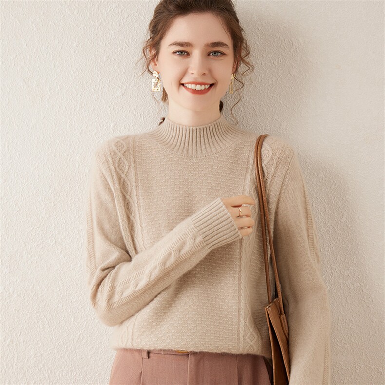 加厚半高领纯山羊绒衫女秋冬季正反针菱形宽松套头羊绒毛衣，女装羊绒衫，轩妮羊绒