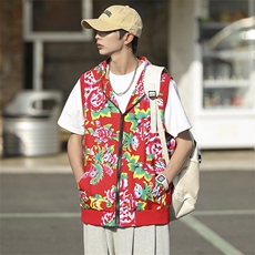 B02东北大花连帽拉链大码新中式汉服民族特色马甲背心坎肩潮男女，男装背心/马甲，星座115A(原星座507）